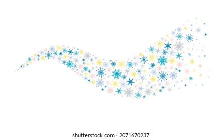 dekorativer Winterhintergrund mit handgezeichneten, mehrfarbigen Schneeflocken mit Farbverlauf, Schnee, Schwirl, Blitzen, Designelementen. Weihnachtsdekor