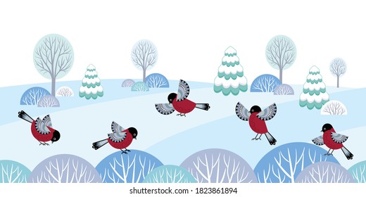 Decorative winter birds and trees seamless border