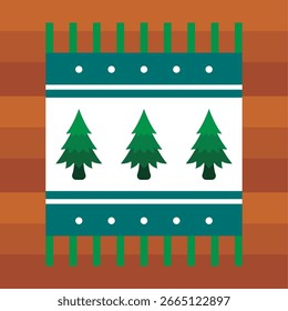 Cobertor de inverno decorativo com motivos de pinheiro verde dobrado no chão de madeira. Ilustração vetorial.