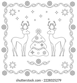 Decorative winter card with deer and Christmas tree. Zenart. Stylized template for Christmas cards, congratulations and corporate invitations, covers, books and anti-stress coloring pages.