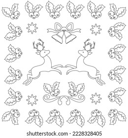 Decorative winter card with floral ornament and deer. Zenart. Stylized template for Christmas cards, congratulations and corporate invitations, covers, books and anti-stress coloring pages.