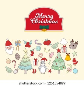 Decorative winter card merry christmas with icon vector.Hand drawn. Flat design.
