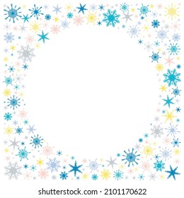 marco de invierno decorativo con copos de nieve multicolores dibujados a mano con gradiente con círculo vacío, nieve, remolino, ventisca, elementos de diseño. Decoración navideña