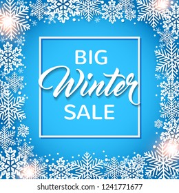 Decorative winter frame with white snowflakes on a blue background. Design for seasonal Christmas sale
