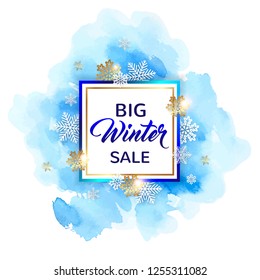 Decorative winter frame with white snowflakes and blue watercolor texture. Design for seasonal Christmas sale