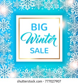 Decorative winter frame with white snowflakes on a blue background. Design for seasonal Christmas sale. Vector illustration