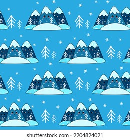 Dekoratives Wintermuster mit süßen Cartoon-Figuren Berge und Winterbäume. Nahtloses Muster mit süßen und lustigen Winterfritten und Schneeflocken