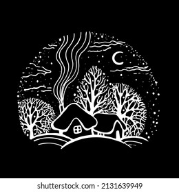 Decorative winter rural landscape and starry night with moon and houses with stove smoke
