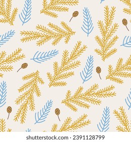 Decorative winter seamless pattern with fir branch and pine cone. Vector background