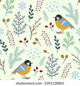 Dekoratives Winternahtloses Muster mit Tannenarm, Beeren und Vogel. Vektorhintergrund