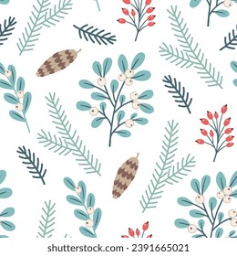 Decorative winter seamless pattern with fir branch, berry and pine cone on a white background. Vector background