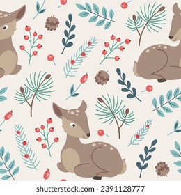 Decorative winter seamless pattern with green branch, berry and deer. Vector background