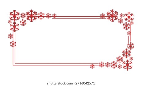 Decorative, winter snowflake border frame with red and gold accents on white background