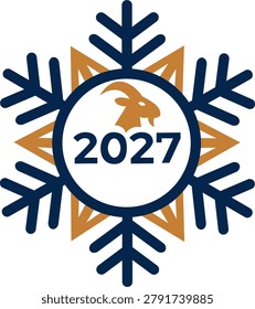 Decorative winter snowflake with goat silhouette head, year of 2027 christmas holiday element vector flat icon