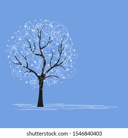 Decorative winter tree on a blue background. Greeting card. Vector illustration.