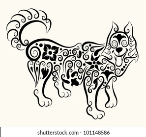 Decorative wolf. animal and floral ornament decoration, for tattoo design