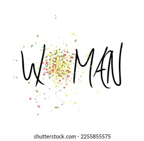decorative woman text with colorful paint drops on white background