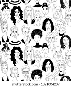 Decorative woman's head seamless pattern background Girl Power Feninist Happy International Women's Day. Hand drawn spring grunge line drawing doodle black and white vector illustration poster