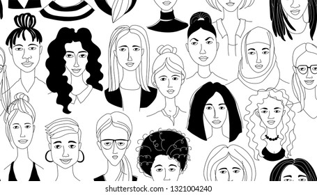 Decorative woman's head seamless pattern background Girl Power Feninist Happy International Women's Day. Hand drawn spring grunge line drawing doodle black and white vector illustration poster