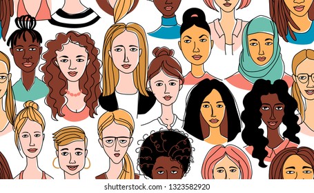 Decorative woman's head seamless pattern background Girl Power Feminist Happy International Women's Day. Hand drawn spring grunge line drawing doodle colored vector illustration greeting card poster