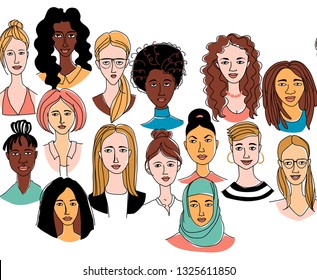 Decorative woman's head seamless pattern background Girl Power Feminist Happy International Women's Day. Hand drawn spring grunge line drawing doodle colored vector illustration greeting card poster