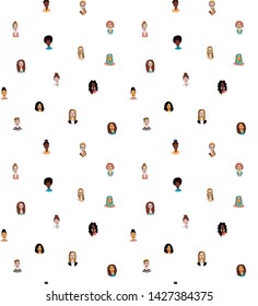 Decorative woman's head seamless pattern background Girl Power Feminist Happy International Women's Mother's Day. Hand drawn grunge line drawing doodle colored vector illustration poster