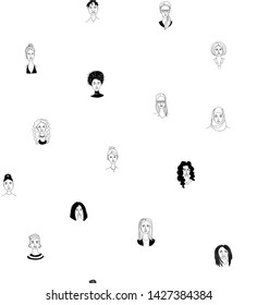 Decorative woman's head seamless pattern background Girl Power Feminist Happy International Women's Mother's Day. Hand drawn grunge line drawing doodle black and white vector illustration poster