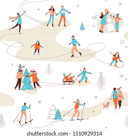 Decorative women men kids children winter activities seamless pattern background. Winter sport Christmas decorating skiing ice skating fun. Hand line drawing doodle colored vector illustration poster