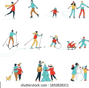 Decorative women men kids children winter activities set background. Winter sport Christmas decorating skiing ice skating fun. Hand line drawing doodle colored vector illustration poster