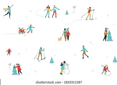 Decorative women men kids children winter activities seamless pattern background. Winter sport Christmas decorating skiing ice skating fun. Hand line drawing doodle colored vector illustration poster