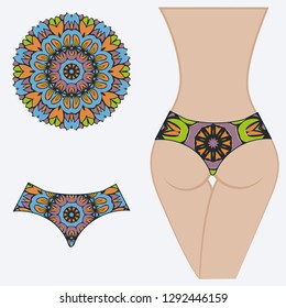 decorative women's pants with a floral pattern. Vector illustration. Fashionable print. An example of a design on a mannequin.