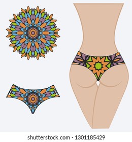 decorative women's pants with a floral pattern. Vector illustration. Fashionable print. An example of a design on a mannequin.