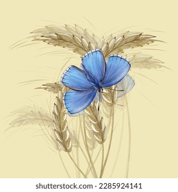 Decorative wonderful blue butterflies with ears of wheat. Vector illustration for cards, t shirts design, posters, wallpapers, bags, textile, wall art, logos, stickers, blogs. Isolated background.