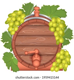 Decorative wooden barrel and bunches of white grapes with leaves.Botanical design isolated on white background.Suitable for social media posts,mobile apps,banners design.Vector flat  illustration.