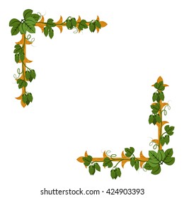 Decorative wooden corner with branches of hops and hop cones. Divider. Ornament. Frame. Design elements. Isolated vector illustration on white background
