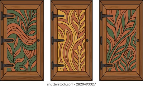 Decorative wooden doors with organic patterns and hinges