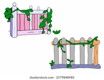 A decorative wooden fence with green vines, great for outdoor, garden, or property-themed sticker collections.