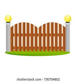 Decorative wooden fences. Exterior, appearance, design of gates and surrounding area. Lawn next to fence and lantern, landscape. Outdoor fence architecture elements. Vector illustration.