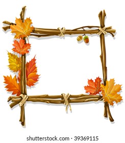 decorative wooden frame made of branches with autumn leaves - vector illustration