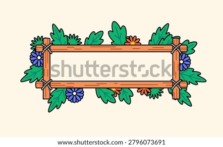 Decorative wooden frame surrounded by colorful flowers and green leaves. Perfect as a nature-themed banner, signboard, label, invitation, or decorative template.