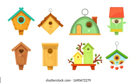 Decorative wooden spring bird houses. Colorful garden birdhouses for feeding birds. Wooden constructions to birds small buildings of planks with hole. Birdhouses set vector illustration.