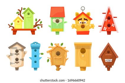 Decorative wooden spring bird houses. Colorful garden birdhouses for feeding birds. Wooden constructions to birds small buildings of planks with hole. Birdhouses set vector illustration.
