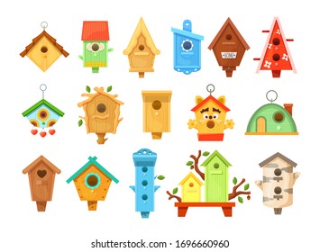 Casas de pájaros de madera decorativas. Aves de jardín coloridas para alimentar a los pájaros. Construcciones de madera para pájaros pequeños edificios de tablas con agujero. Los albergues establecen la ilustración vectorial.