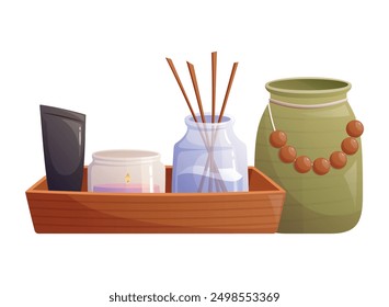 Decorative wooden tray with aroma diffuser, candle and tube of cream, vase or jug. Vector isolated cartoon illustration, bathroom decor interior.