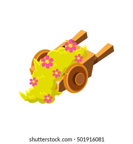 Decorative Wooden Wheel Barrel With Flowers Isometric Garden Landscaping Element