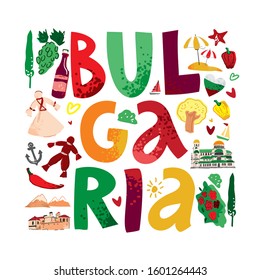 Decorative word Bulgaria is inscribed in a square with symbols, architecture of the country on a white background. Banner for promo, print on fabric. Logo for tourist guides. Flat vector illustration.