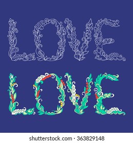 Decorative word Love for Wedding or Valentines Day. Vector illustration.