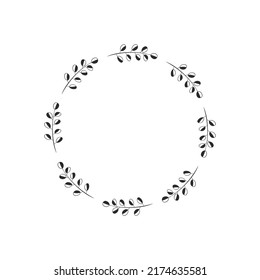 Decorative wreath with abstract twigs and round black white leaves. Frame for logo, monogram, festive design. Line drawing. Floral border, scrapbooking element. Vector illustration isolated on white