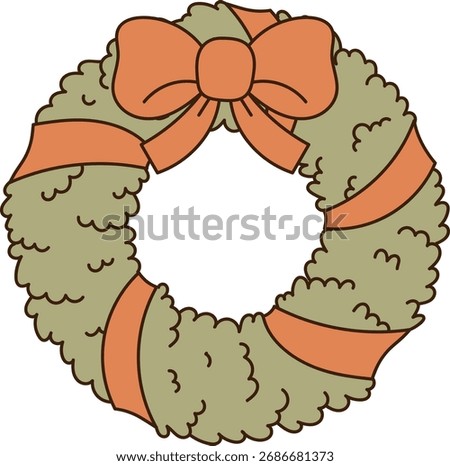 A decorative wreath adorned with a large bow and ribbon in a cartoon style. The circular arrangement features a fluffy texture and elegant ribbon details. Cartoon vector illustration.