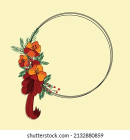 Decorative wreath of autumn flower and grass flower with green leaves. Suitable for wedding and birthday invitation or greeting card, etc.